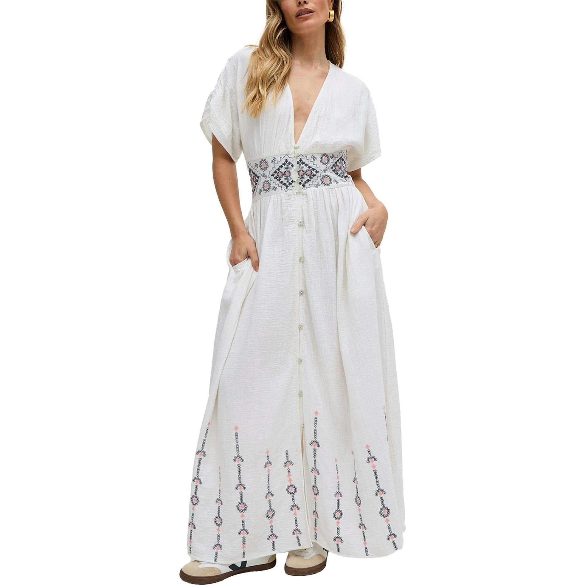 Sally Ann Button Down Embroidery Maxi Dress
