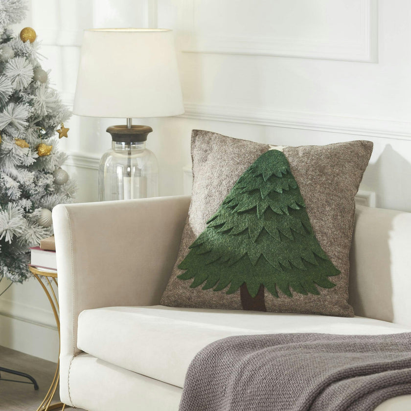 Handmade Christmas Pillow Hand Felted Wool - Green Tree Gray - 20" Arcadia Home