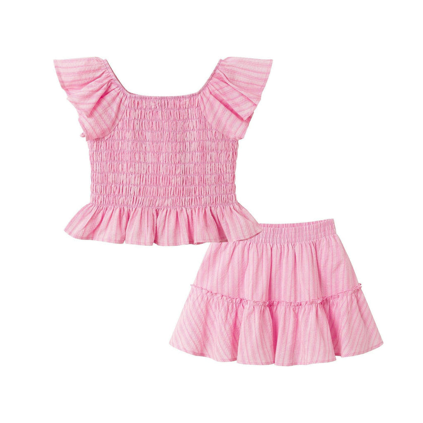 Tween Girl Smocked Top & Skirt Set | Pink Stripe