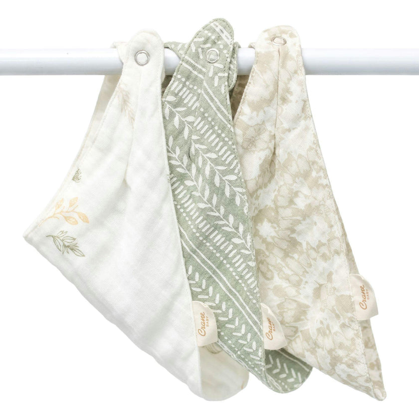 Willow 3-pc Muslin Baby. Bib Set (Neutral Leaf)