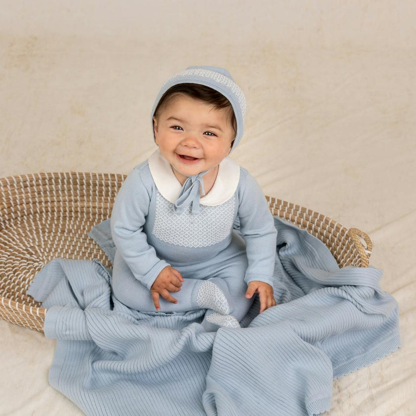 Boys Jacquard Collared Knit Romper & Bonnet Powder Blue