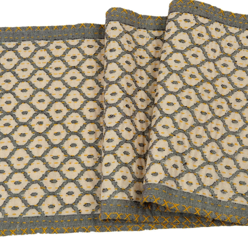Artisan Hand Loomed Cotton Table Runner - Gray Yellow Stitching - 18"x96" Arcadia Home