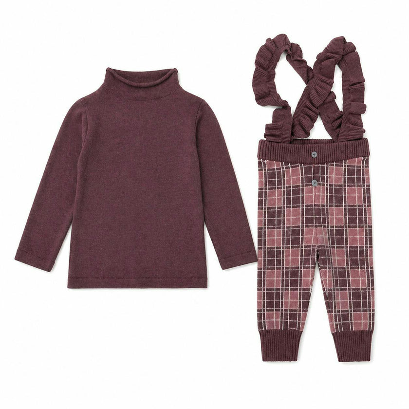 Ruffle Plaid Cross Ruffle Strap Ribbed Waist & Cuff Pant Overalls