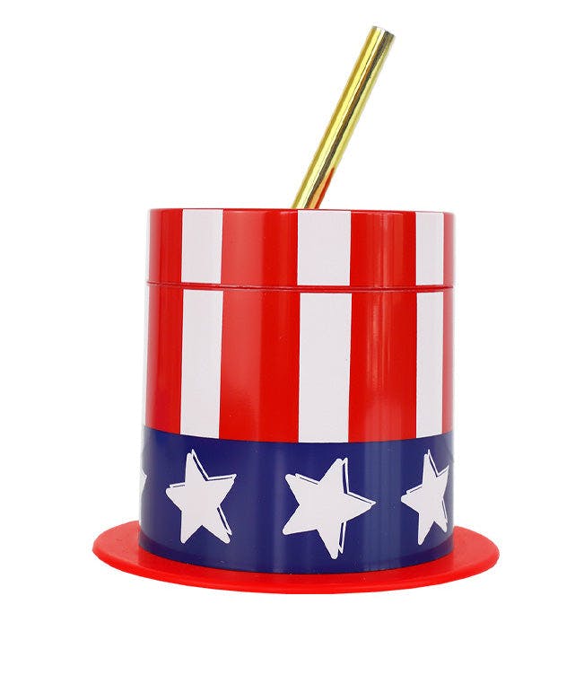 Packed Party Hats Off to the USA Patriotic Uncle Sam Top Hat Sippers - 14 oz Novelty 4th of July Cups with Gold Plastic Straws and Leak-Proof Lids