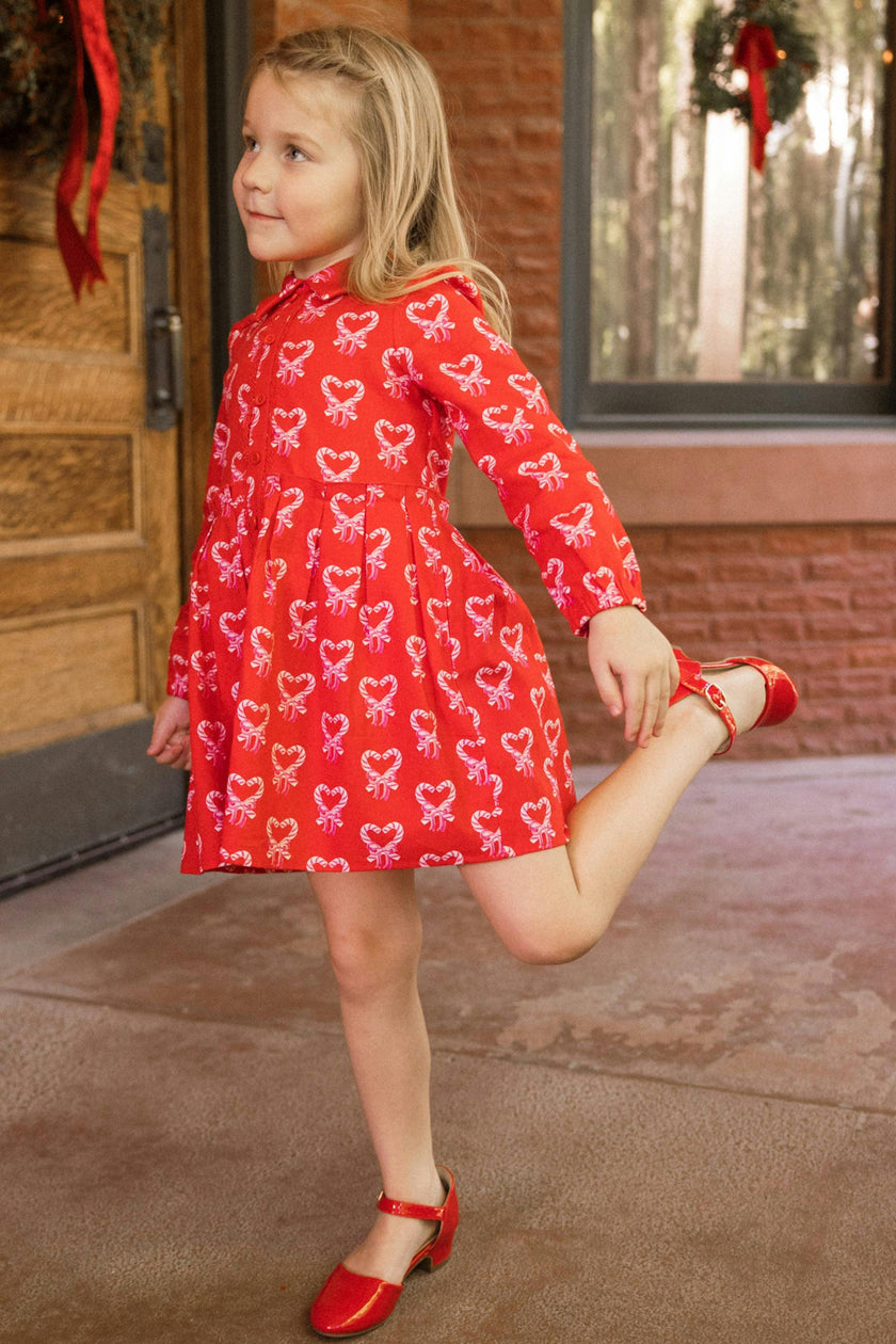 Mini Bowie Long Sleeve Dress in Poinsettia Candy Canes