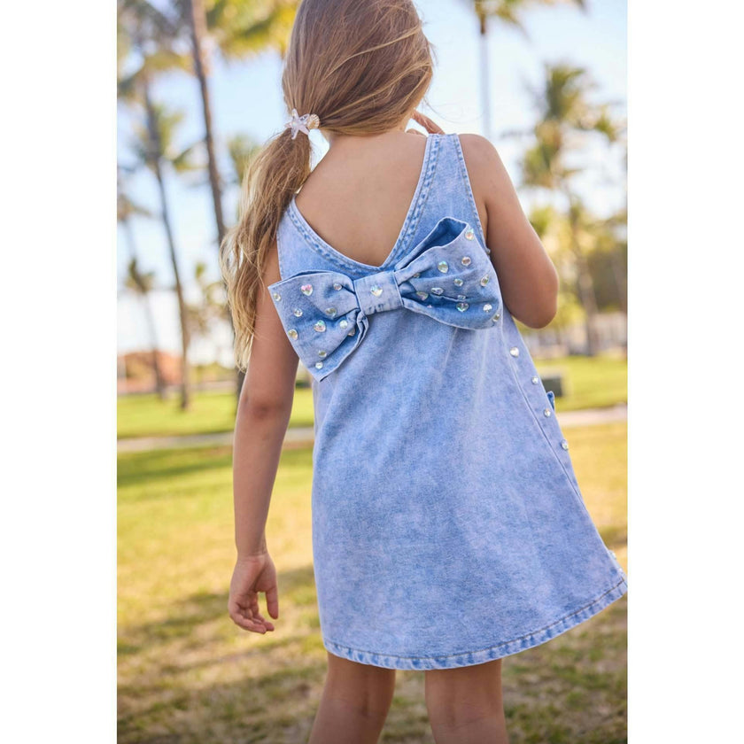 Crystal Heart Denim Bow Dress