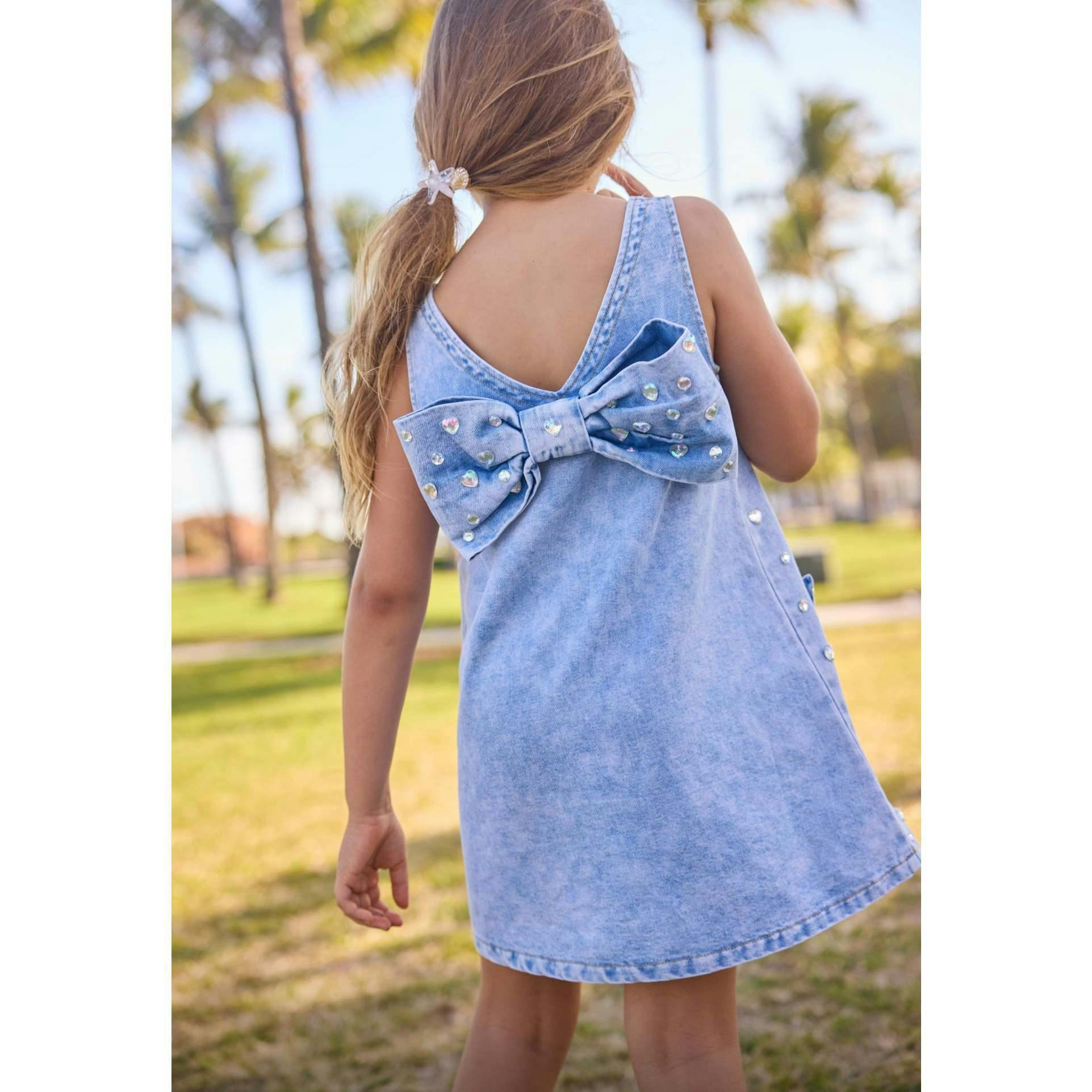 Crystal Heart Denim Bow Dress