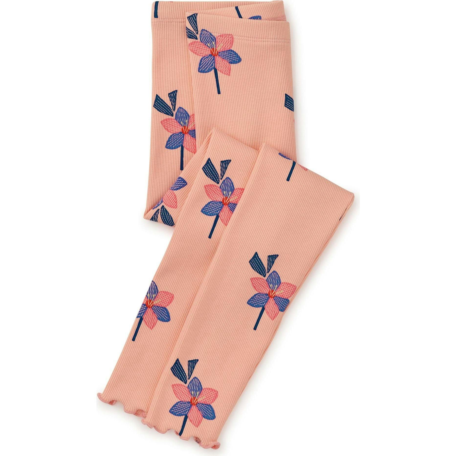 Floral Print Ribbed Elastic Waist Leggings, Yellow
