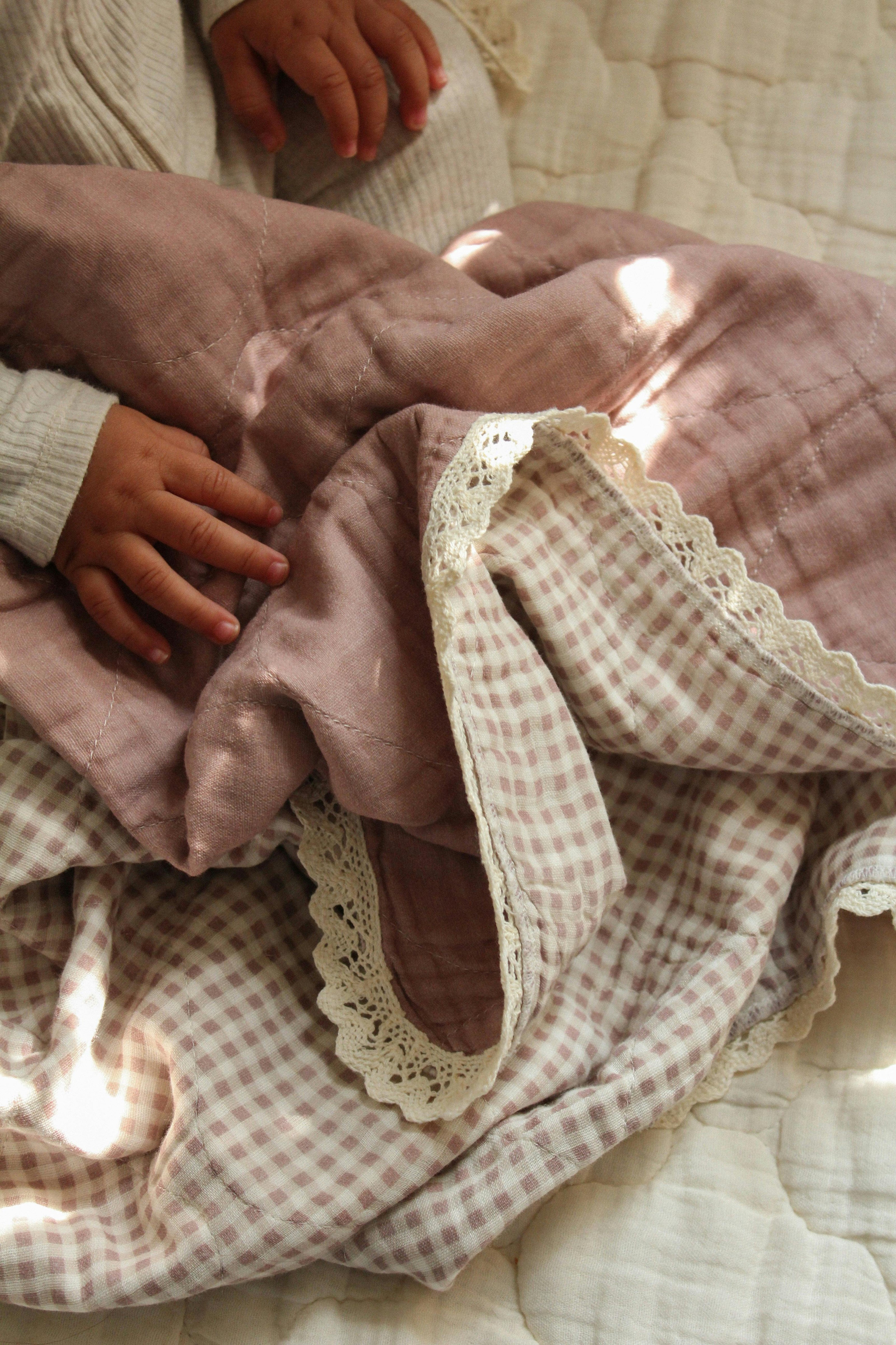 Mauve Solids + Gingham QUILTED 6 Layer Gauze Blanket