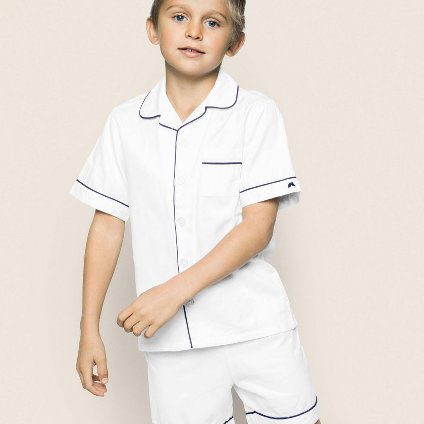Kid's Twill Pajama Short Set in White with Navy Piping