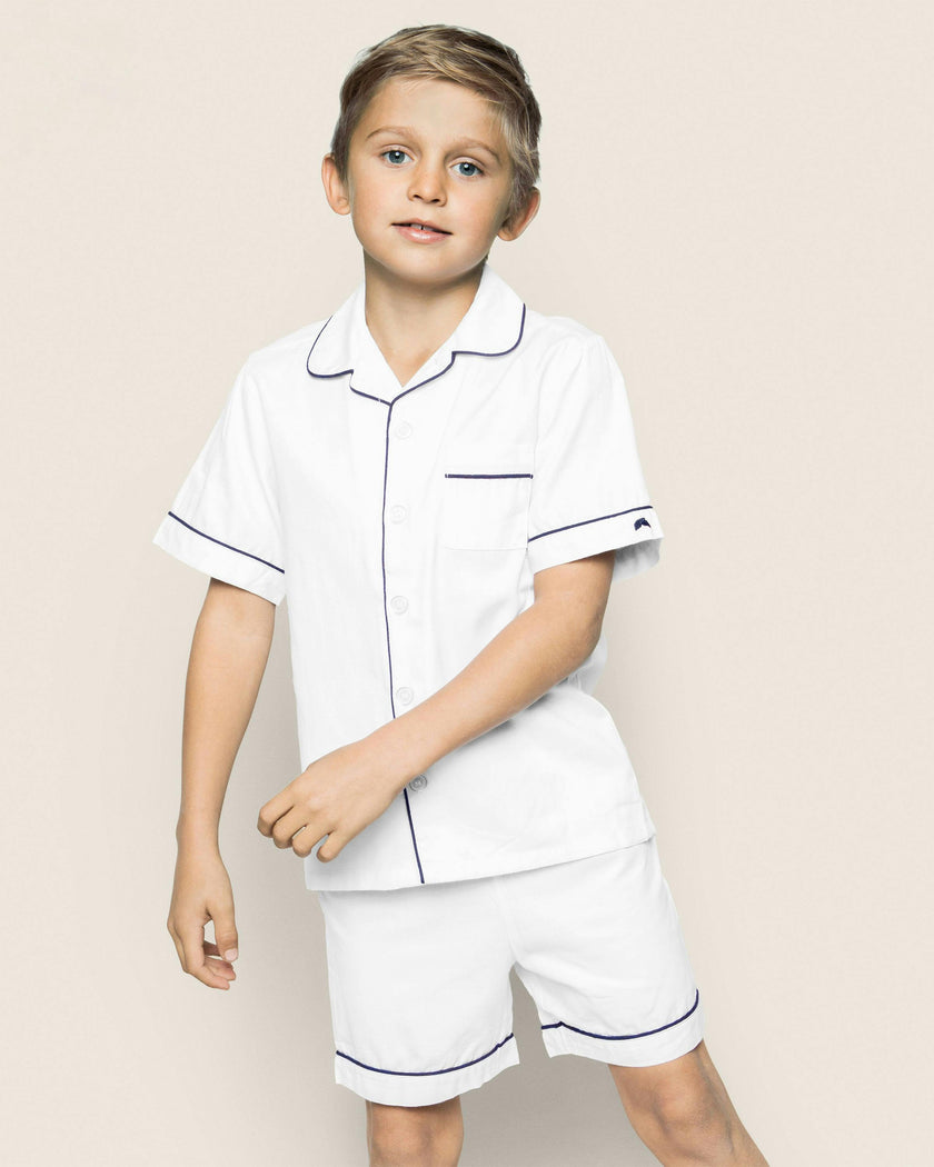 Kid's Twill Pajama Short Set in White with Navy Piping