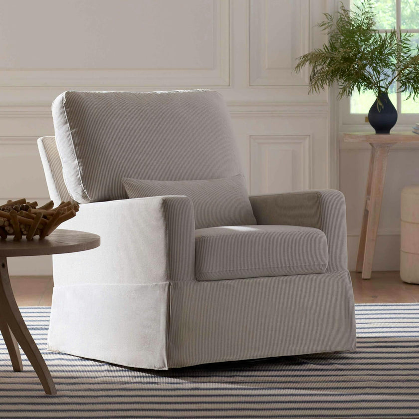 Crawford Pillowback Comfort Swivel Glider in Fog Chatham Stripe