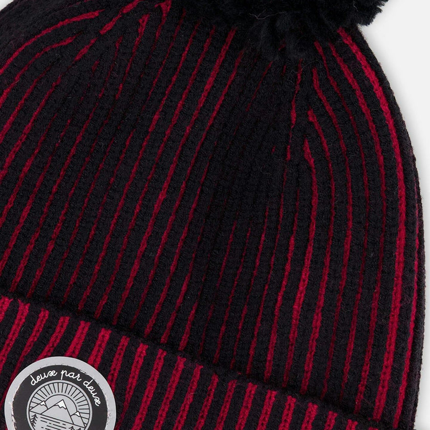 Lined Knit Pompom Hat Red And Black