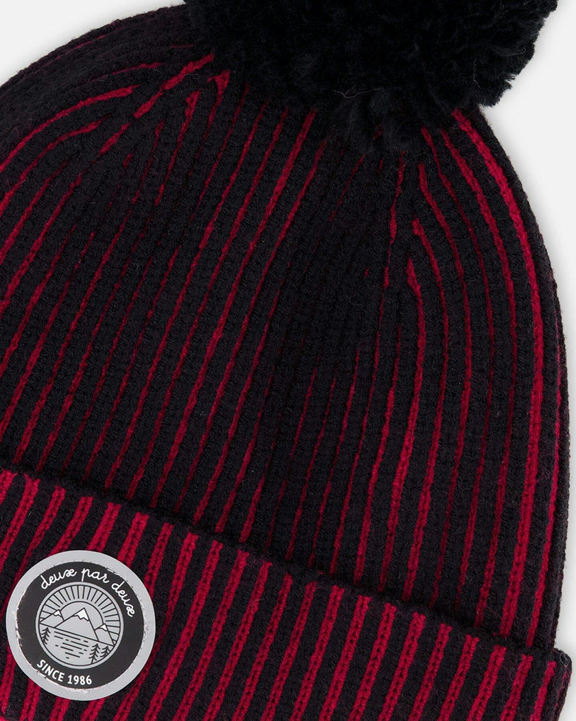 Lined Knit Pompom Hat Red And Black