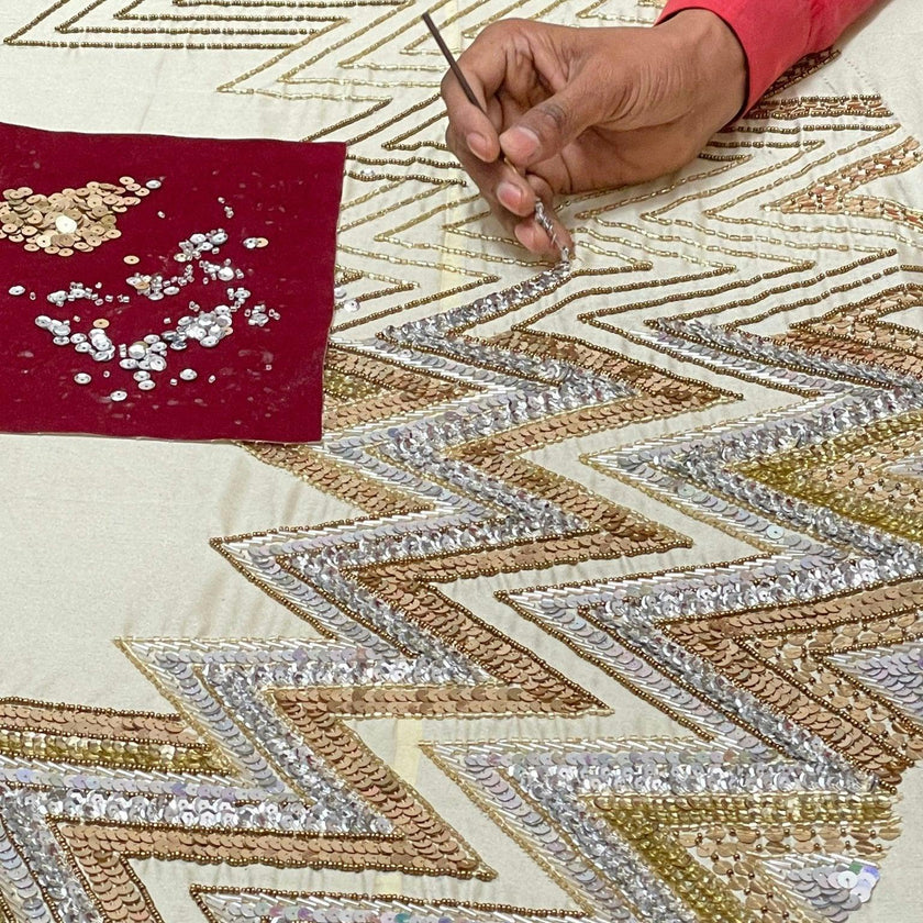 Hand Beaded Metallic Starburst French Vanilla Silk Christmas Tree Skirt 60"/72" Arcadia Home
