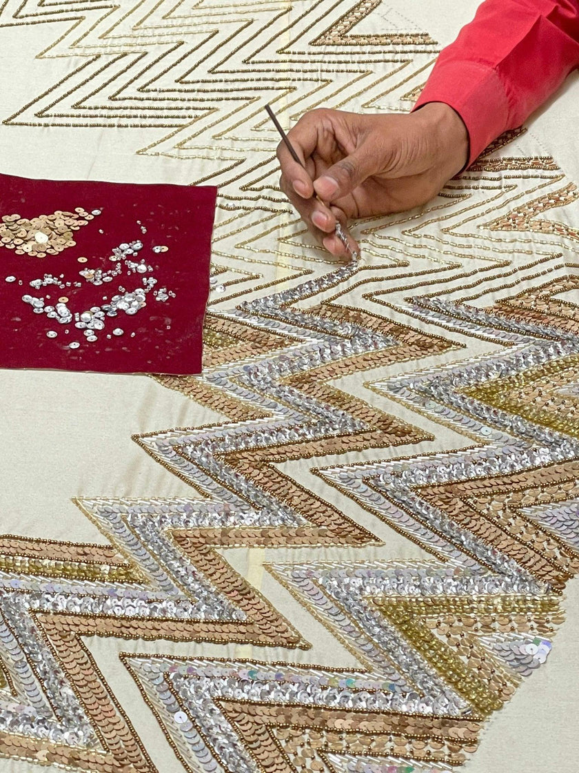 Hand Beaded Metallic Starburst French Vanilla Silk Christmas Tree Skirt 60"/72"