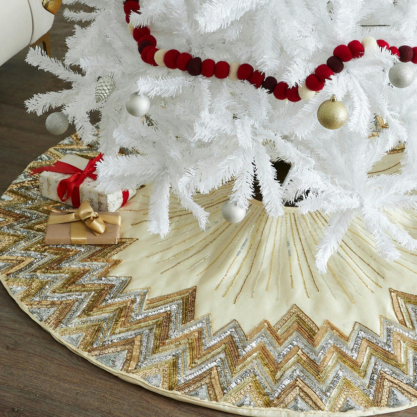 Hand Beaded Metallic Starburst French Vanilla Silk Christmas Tree Skirt 60"/72" Arcadia Home