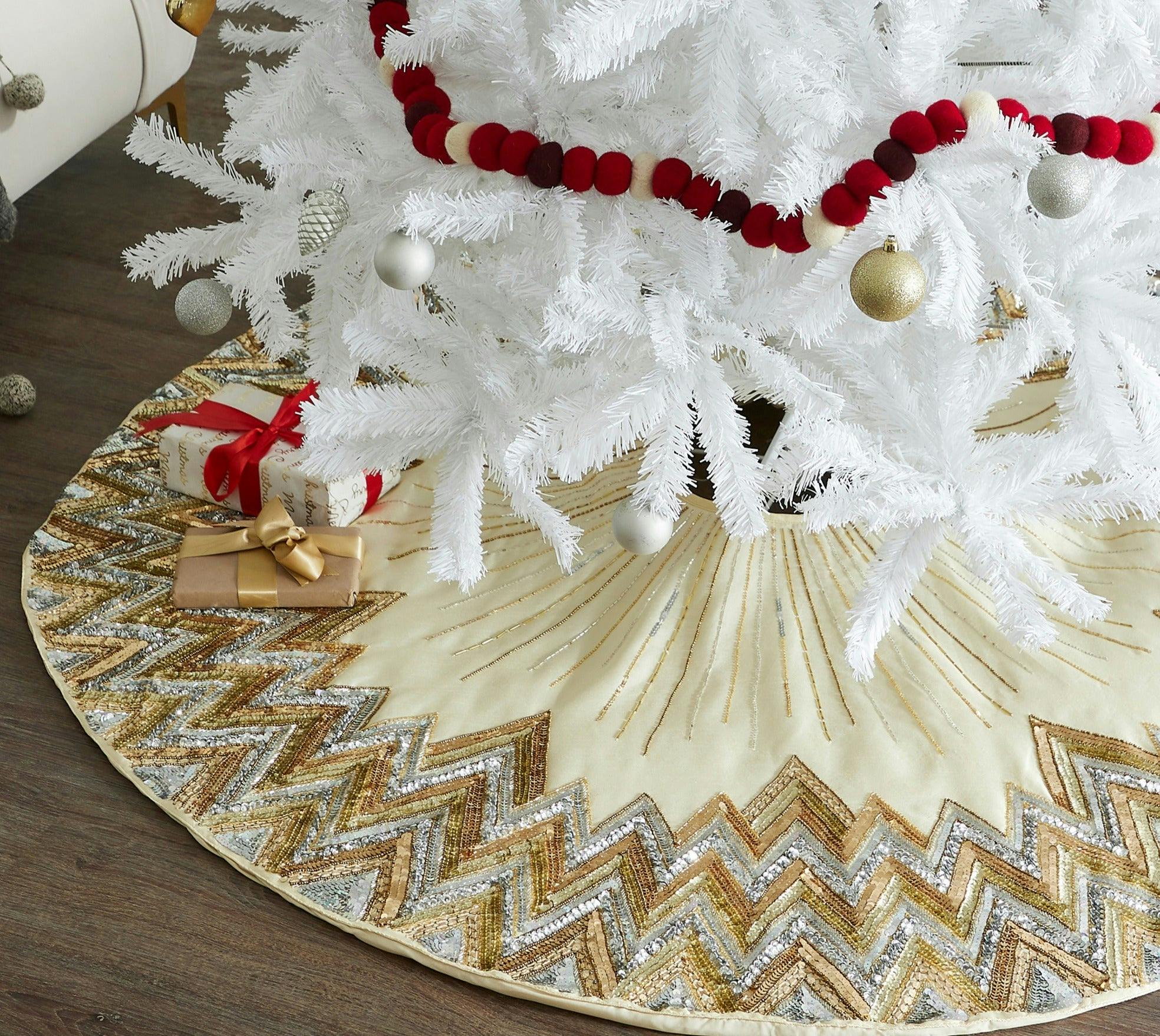 Hand Beaded Metallic Starburst French Vanilla Silk Christmas Tree Skirt 60