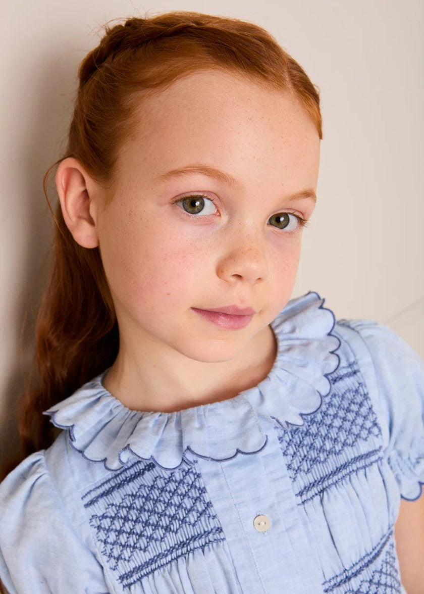 Smocked Peplum Scallop Collar Blouse in Blue (2-12yrs)