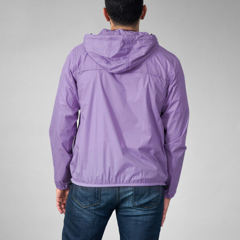 Light purple quarter zip packable rain jacket and windbreaker