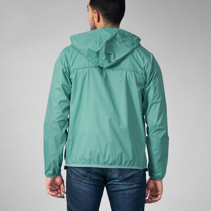 Moss green full zip packable Rain jacket and windbreaker