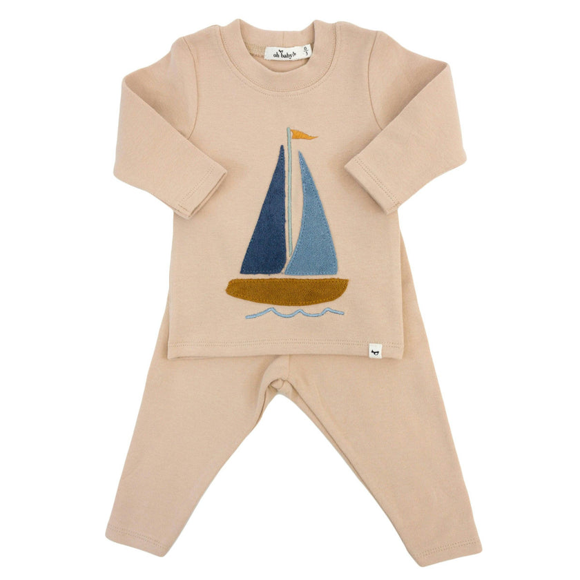 Denim Sailboat Terry Applique Two Piece Set