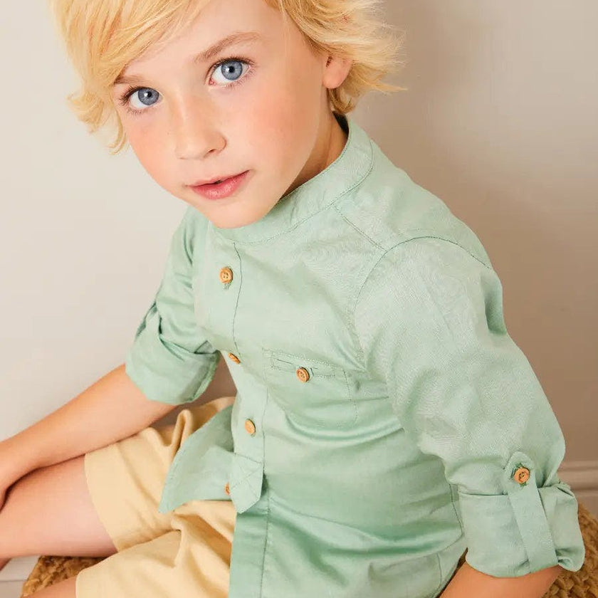 Plain Mao Collar Long Sleeve Shirt in Green (12mths-10yrs)
