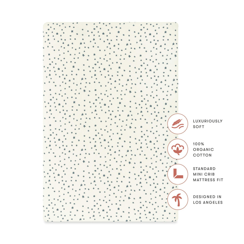 Mini Crib Sheet in GOTS Certified Organic Brushed Cotton in Ivory with Navy Stars