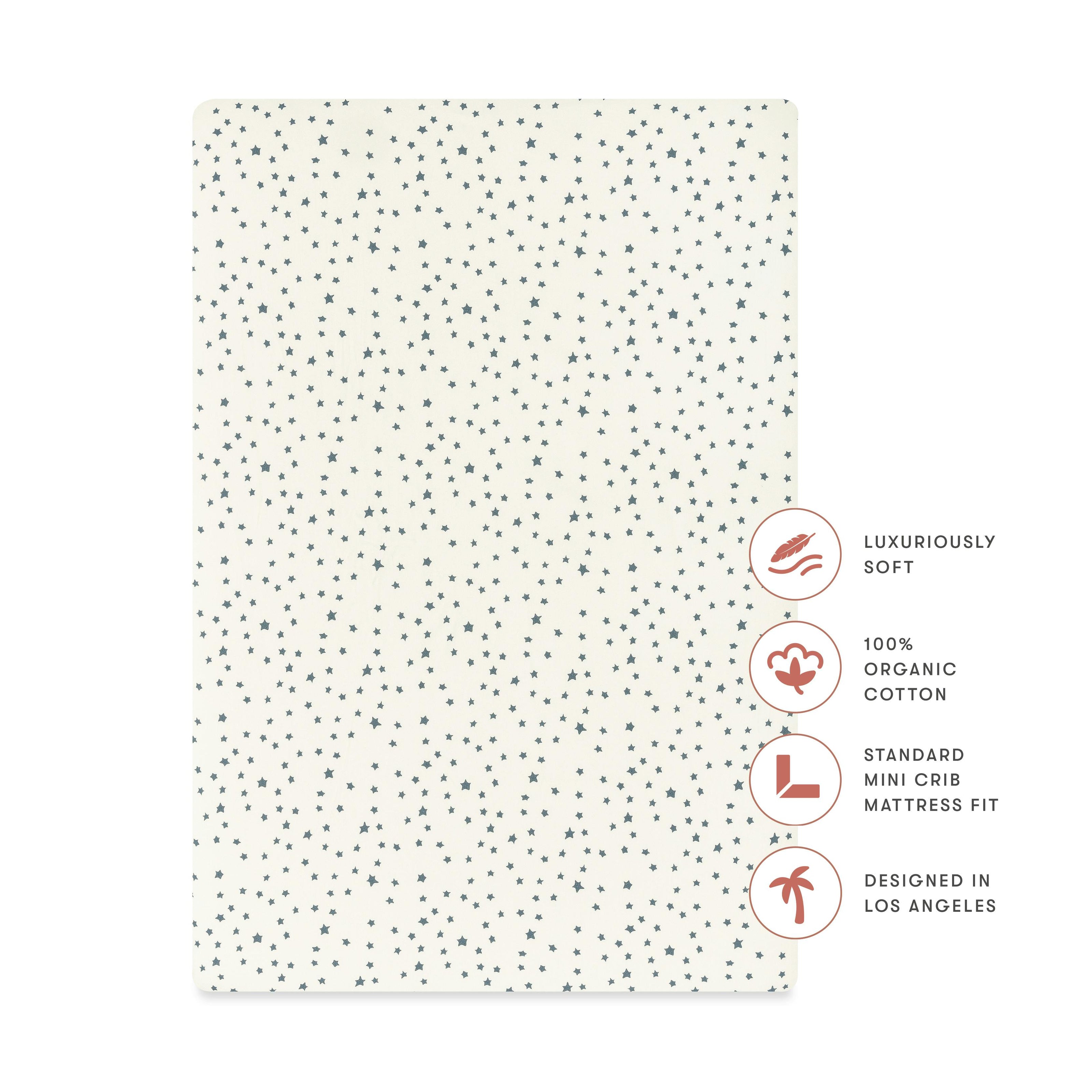 Mini Crib Sheet in GOTS Certified Organic Brushed Cotton in Ivory with Navy Stars