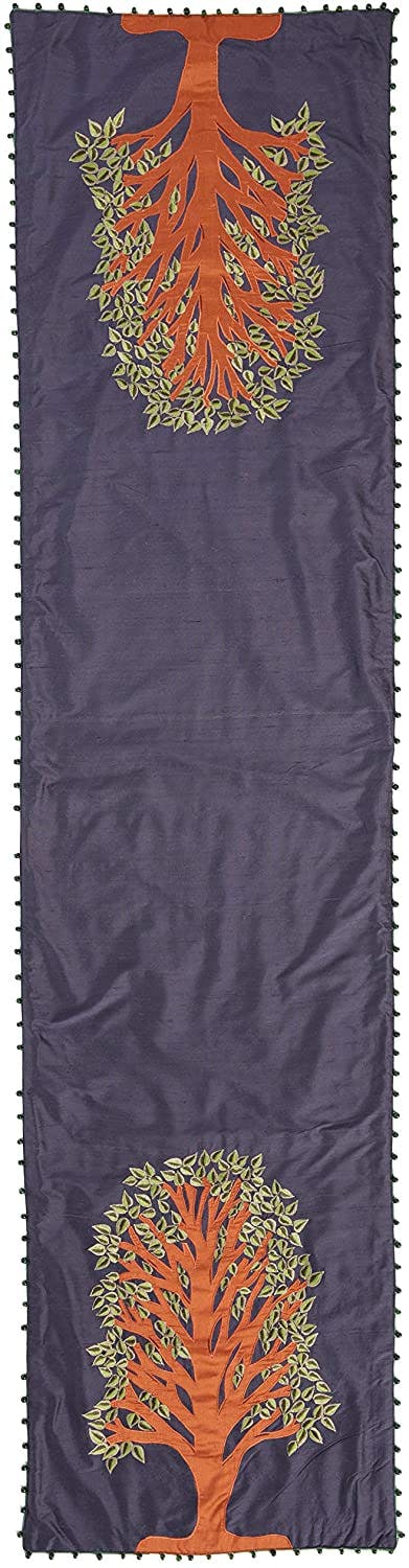 Handmade Navy Silk Table Runner Tree of Life Embroidery and Hand Beading - 18"x72"