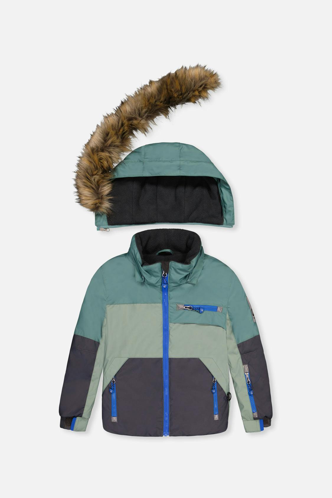 Two Piece Play Snowsuit Green And Navy Colorblock With Blue Camouflage Pants