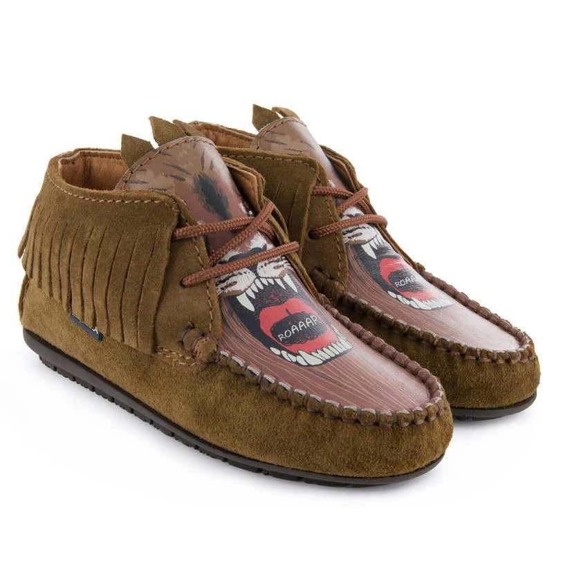 Fringed Moccasin Boot in suede leather, camel and print