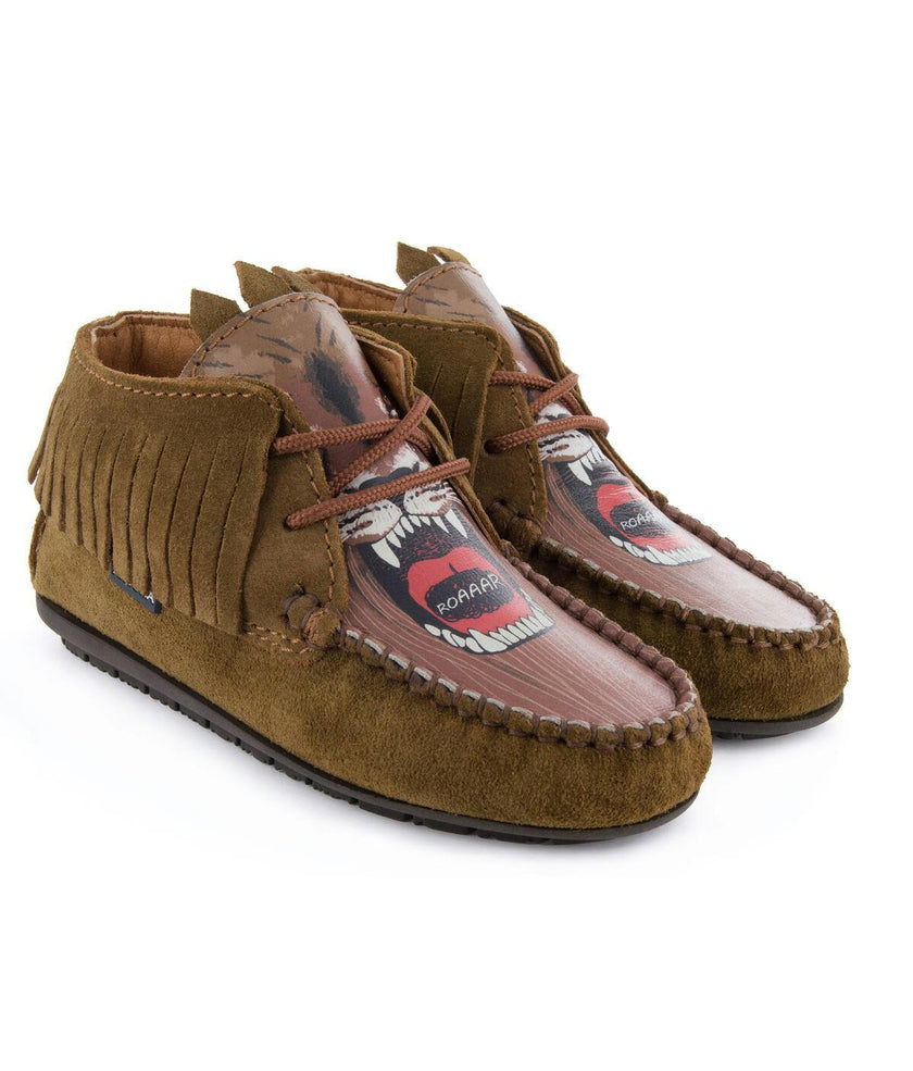 Fringed Moccasin Boot in suede leather, camel and print