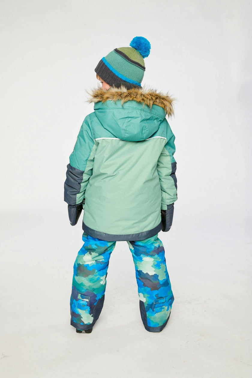 Two Piece Play Snowsuit Green And Navy Colorblock With Blue Camouflage Pants