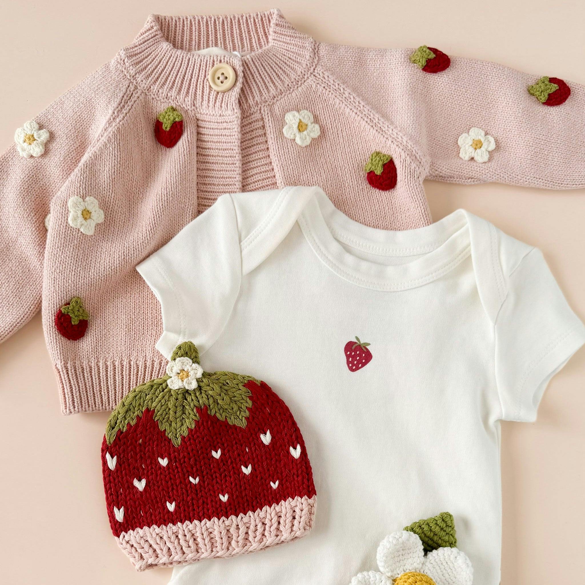 Cotton Strawberry Flower Cardigan and Hat Set - Blush