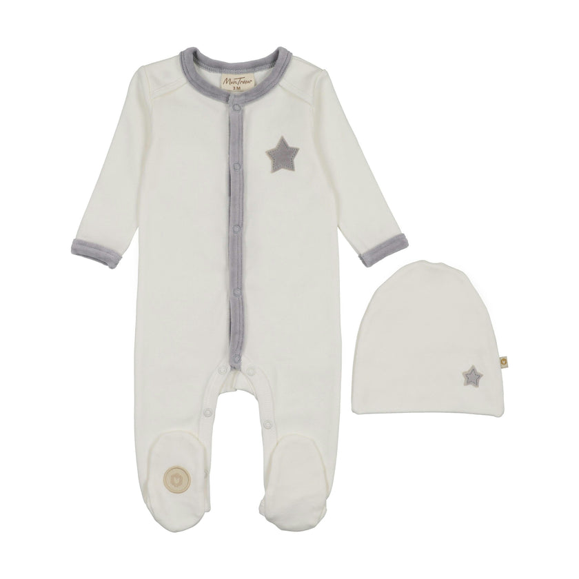 Star-Patch Velour Footie & Hat Set
