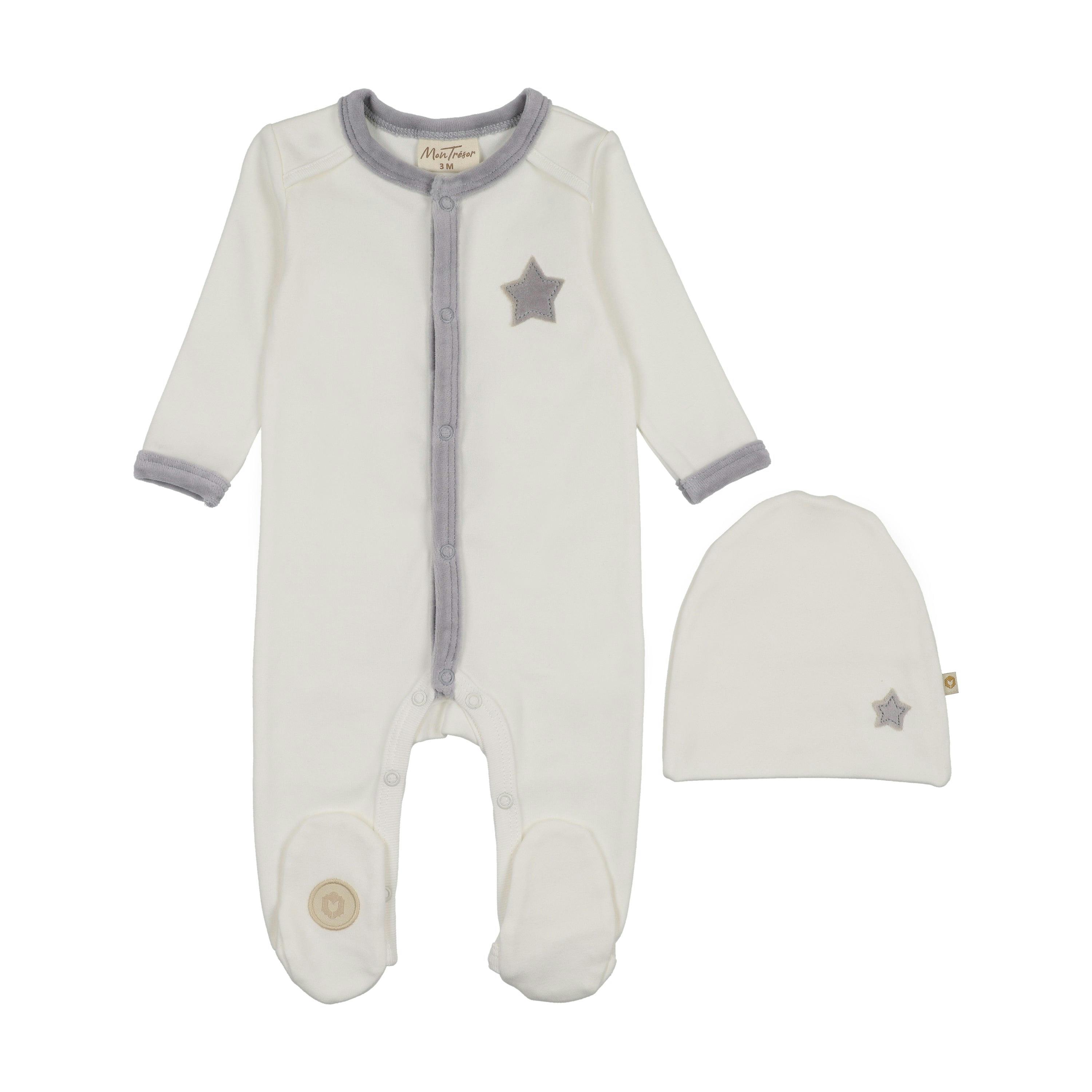 Star-Patch Velour Footie & Hat Set