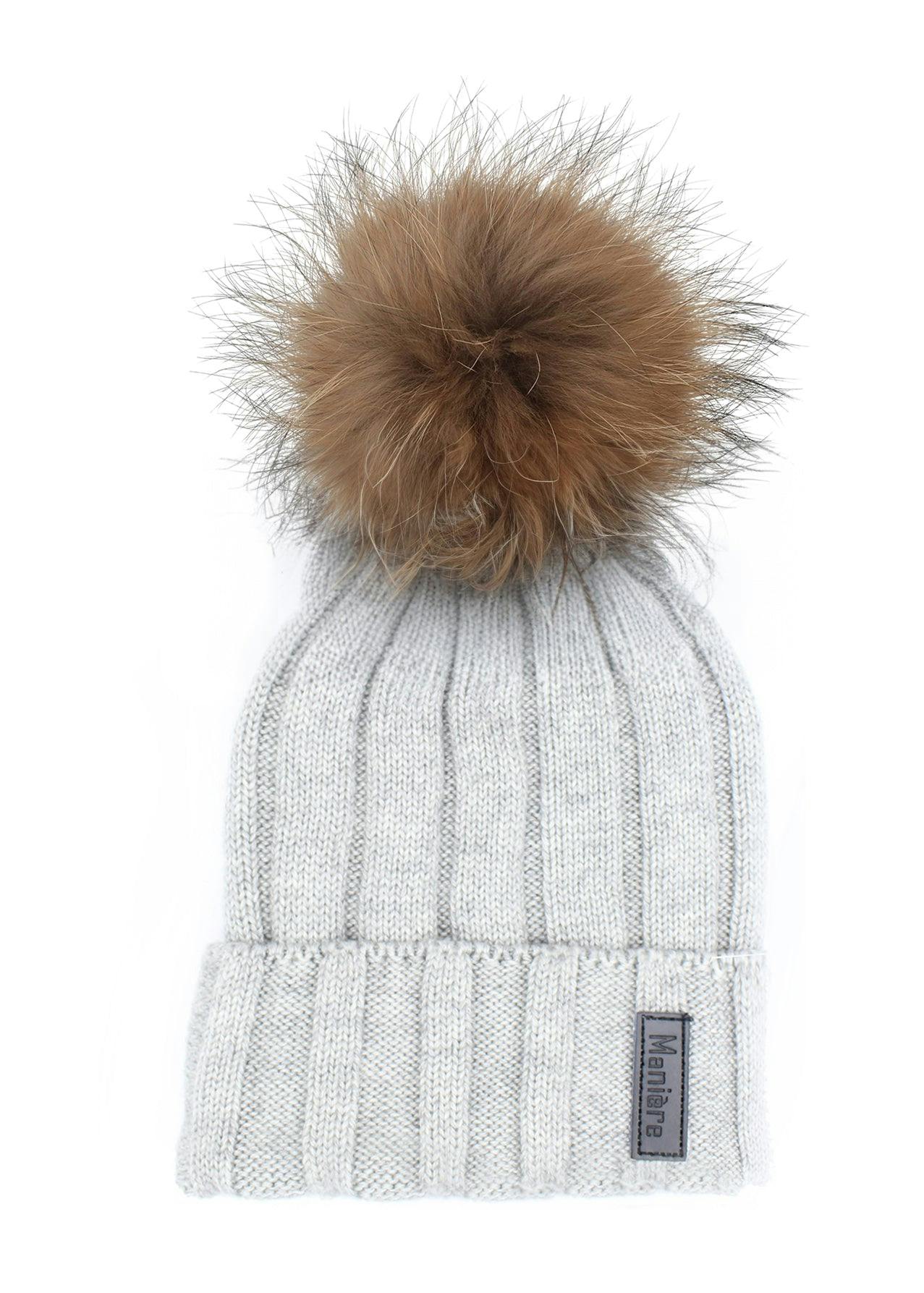 Ribbed Merino Wool Hat With Faux Fur Pom