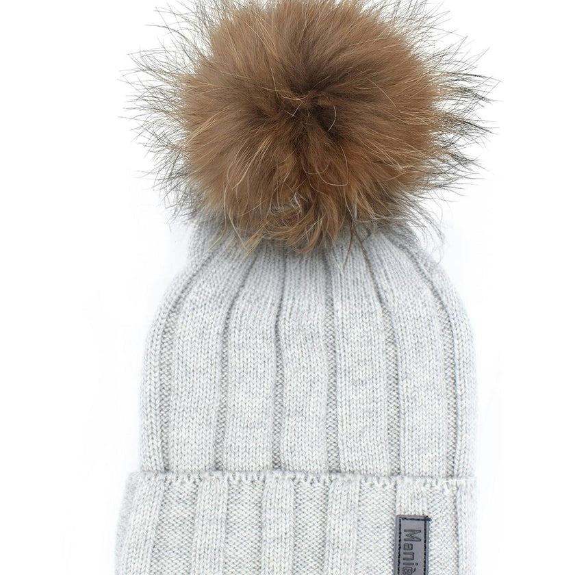 Ribbed Merino Wool Hat With Faux Fur Pom