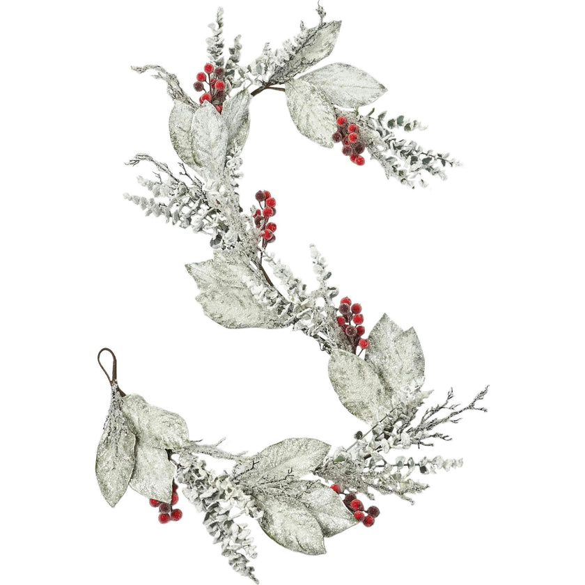 Snow Covered Magnolia Leaf & Eucalyptus with Sugar Berry Iced Seed Pods Christmas Garland Holiday Table Runner
