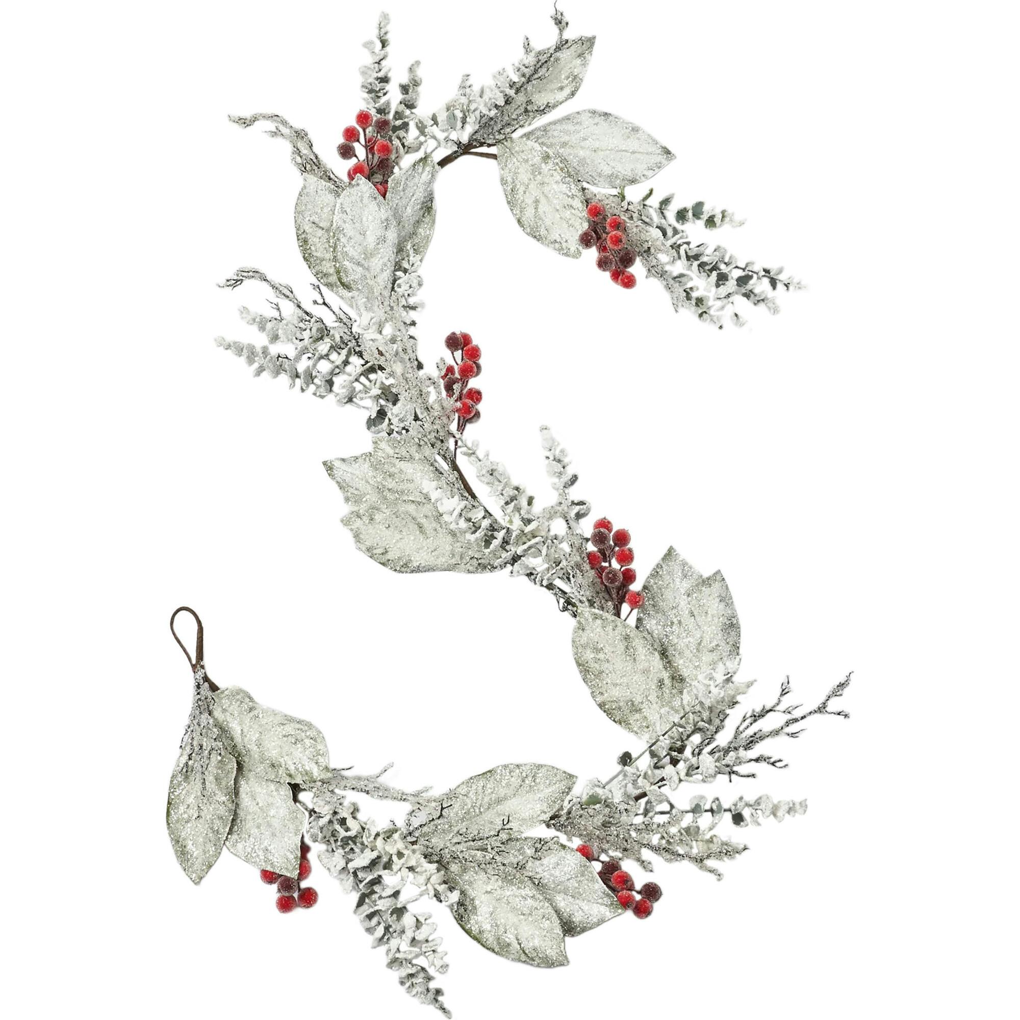 Snow Covered Magnolia Leaf & Eucalyptus with Sugar Berry Iced Seed Pods Christmas Garland Holiday Table Runner