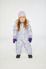 Baby Original One Piece Puffy Snowsuit With Removable Mittens And Boots Purple Printed Mini Flowers