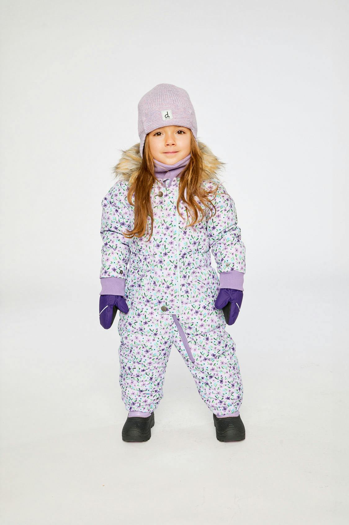 Baby Original One Piece Puffy Snowsuit With Removable Mittens And Boots Purple Printed Mini Flowers