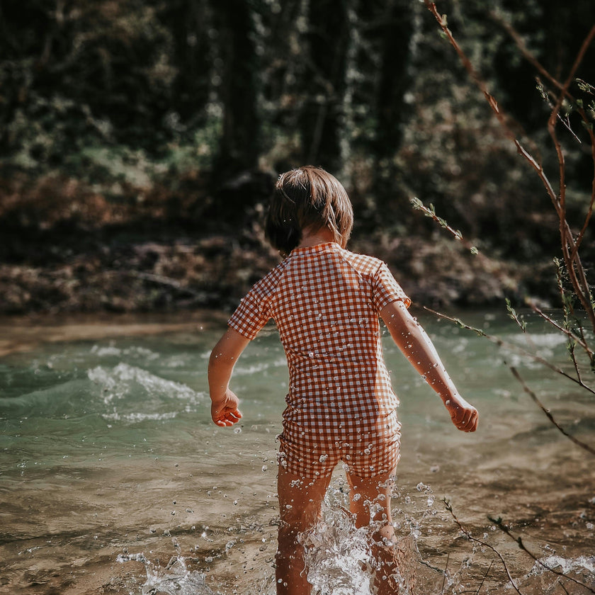 Short Sleeve Rashguard Swimsuit | UPF + Recycled - Sienna Gingham