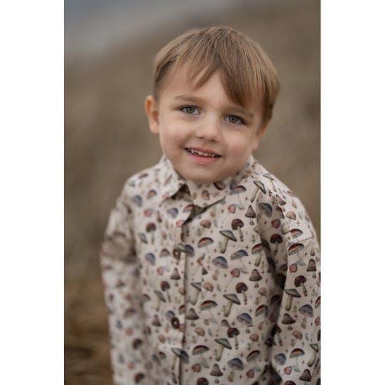 Mushroom Print Button-Down Shirt, Beige