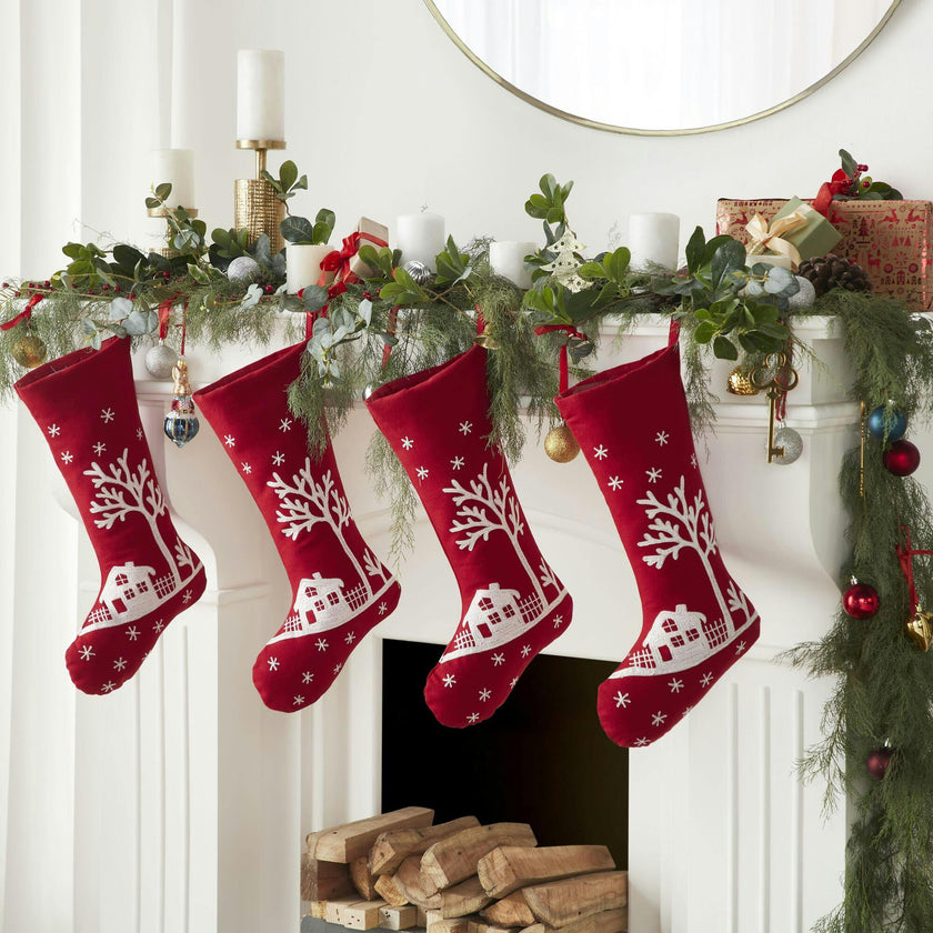 Snowy Village Embroidered Scene Red Handmade Christmas Stocking
