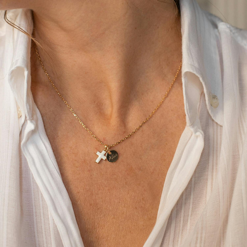 Personalized Enamel Cross Necklace, 14k Gold Plated