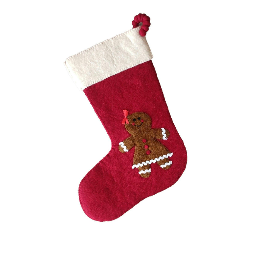 Gingerbread Girl Red Christmas Stocking Hand Felted Wool