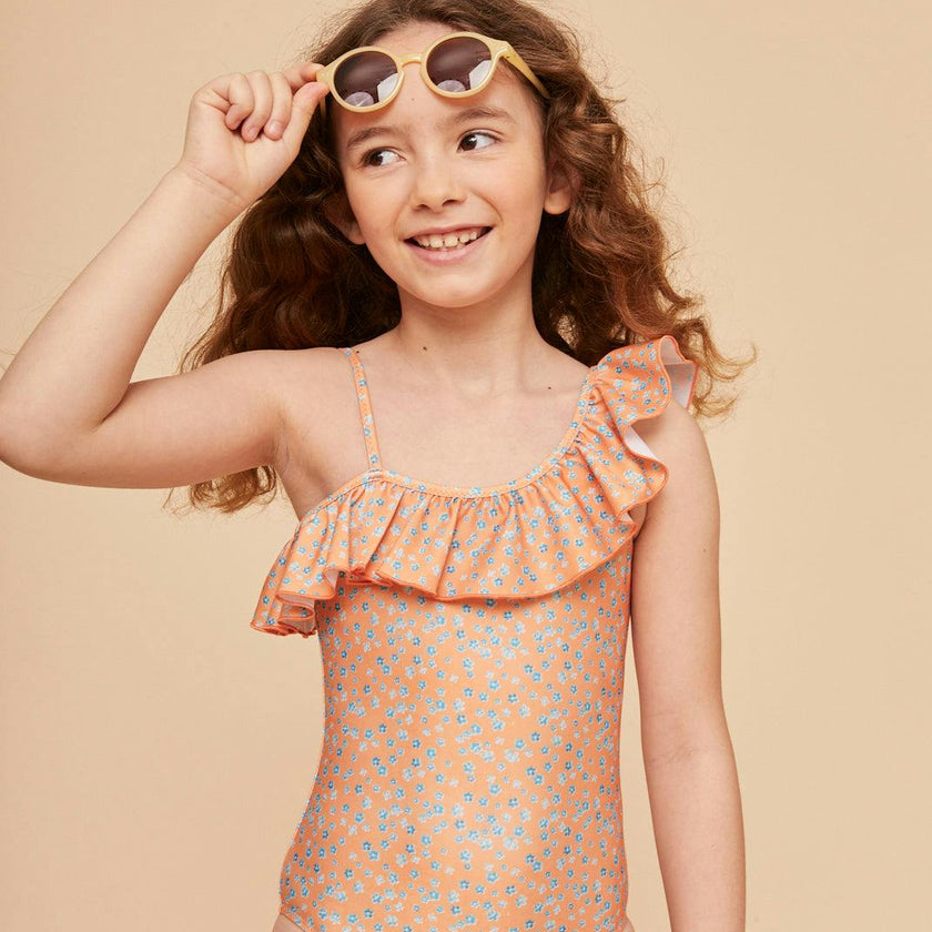 Orange Flowers Girls' Ruffle Swimsuit