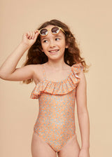 Orange Flowers Girls' Ruffle Swimsuit